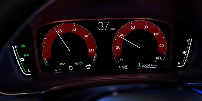 2027 Honda Civic Hatchback Sport Touring Hybrid digital instrument cluster with red gauges and speedometer (Compact Hatchback).